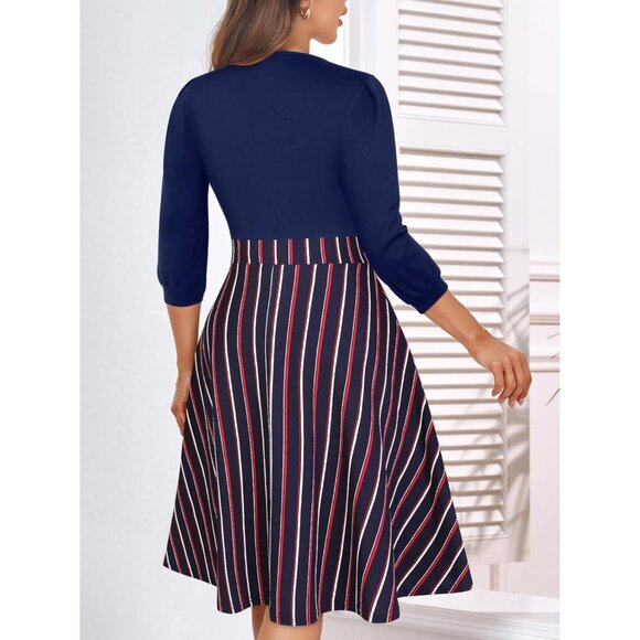 Womens 3/4 Sleeve Fit and Flare V Neck Pleated Fall Cocktail Dress with Pockets - Picture 2 of 5